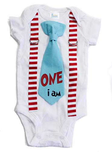 Cuddle Sleep Dream Baby Boy 1st Birthday Outfit Cake Smash Bodysuit with Tie and Suspenders Birthday Shirt (12 Month, One I Am)