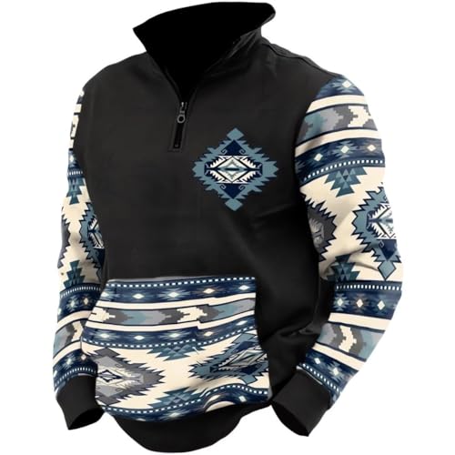 Costaric Aztec Cowboy Mens Hoodie Vintage Graphic Western Hoodies for Men Casual Long Sleeve Half Zip Pullover with Pocket