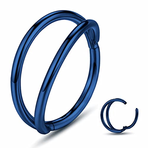 YROGCU Nose Ring Lip Septum Earring-Clicker: Double Ring Open Stacked Blue Color Ring 20G 8mm 316L Surgical Steel Sleeper Earring Helix Rook Conch Cartilage Daith Tragus Earrings Nose Piercing Jewelry