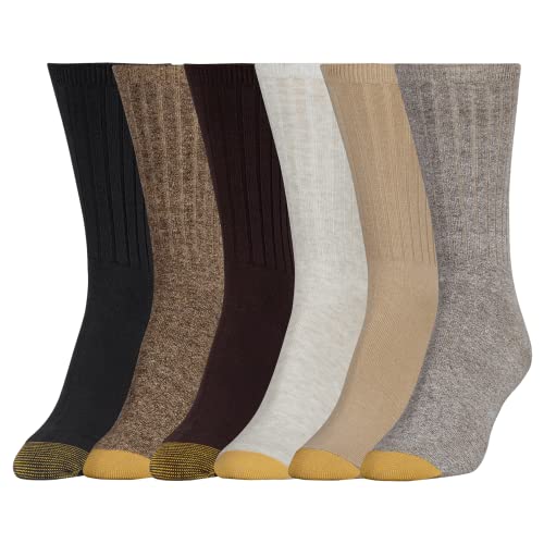 GOLDTOE womens Casual Ribbed Crew Socks, 6 Pairs Socks, Bark/Khaki/Oatmeal Assorted, Large US