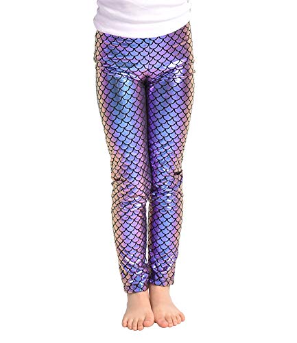 YgneeDom Kids Girls Mermaid Leggings Shiny Metallic Scale Pants for Halloween Dance Party(Mermaid-Purple,S)