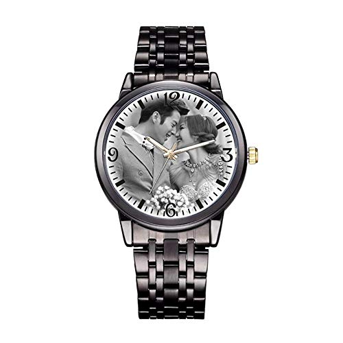 Personalized Graphic Photo Quartz Watch Stainless Steel Wrist Watches for Men Women Custom Any Photo Engrave Text On The Back (Mens-40mm, Black)