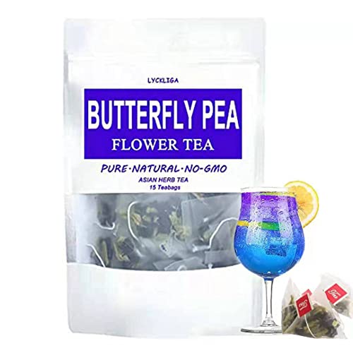 LYCKLIGA Butterfly Pea Flower Tea 15 Pyramid Tea Bags, Clitoria ternatea Premium Dried Butterfly Pea Tea Antioxidant Tea Blue Tea Bags for Drinks