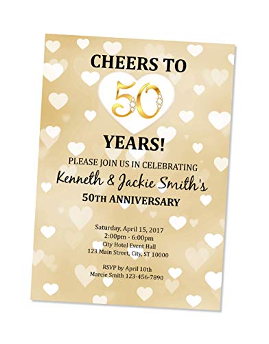 50th Golden Wedding Anniversary Invitation, Heart 50th Anniversary Invitation, Hearts Bokeh Anniversary Invite, Cheers to 50 Years, Matte Finish