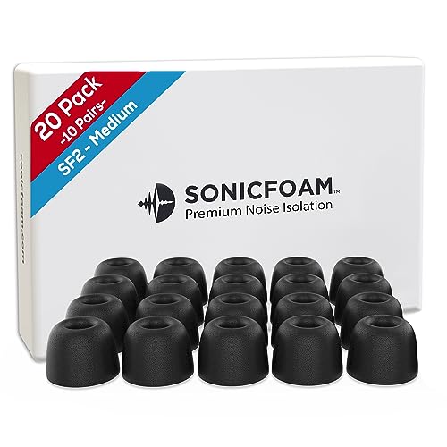 SONICFOAM Memory Foam Earbud Tips - Premium Noise Isolation, Replacement Foam Earphone Tips, 20 Pack for in Ear Headphone Earbuds (SF2 Medium, Black)