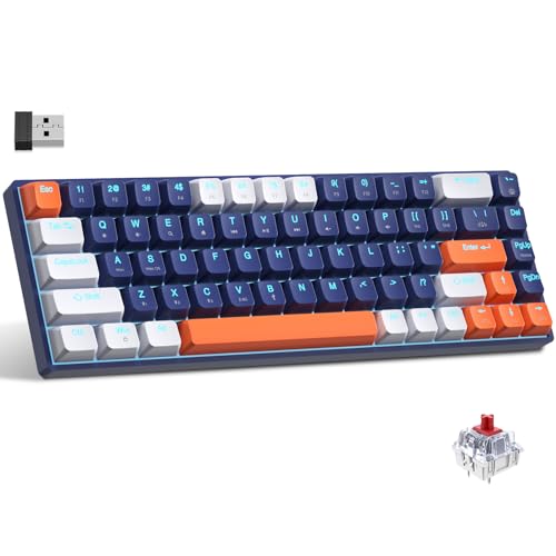 XISOGUU 61% Wireless Mechanical Keyboard, Modes BT5.0/2.4G/Wired, Backlit Ultra-Compact 68Keys Gaming Keyboard with Stand-Alone Arrow/Control Keys/Hot Swappable(W-Blue/Red Switch)…