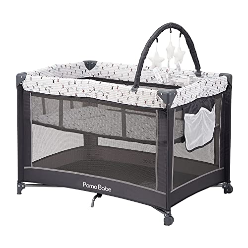 Pamo Babe Portable Playard,Sturdy Play Yard with Mattress and Toy bar with Soft Toys (Grey)