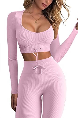 QINSEN Women's Yoga Leggings 2 Piece Outfit Ribbed Seamless Long Sleeve Crop Top Sport Shirt Sets Dusty Pink M