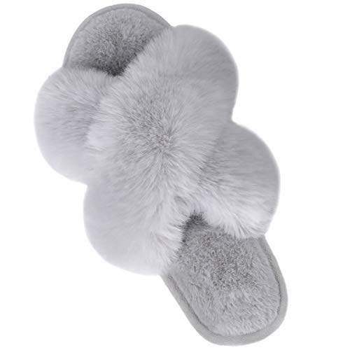 Women's Cross Band Slippers Fuzzy Soft House Slippers Plush Furry Warm Cozy Open Toe Fluffy Home Shoes Comfy Indoor Outdoor Slip On Breathable Grey 9-10