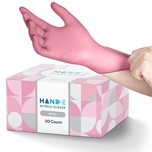 Hand-E Touch Pink Nitrile Disposable Gloves Small, 50 Count - Esthetician, Nail Tech, Microblading, Hair Dye & Stylist, Salon, Cleaning Gloves - Latex Free Gloves