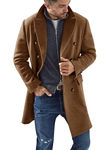 PASLTER Mens Notched Lapel Long Trench Coat Double Breasted Slim Heavyweight Winter Warm Pea Coat Overcoat Outwear