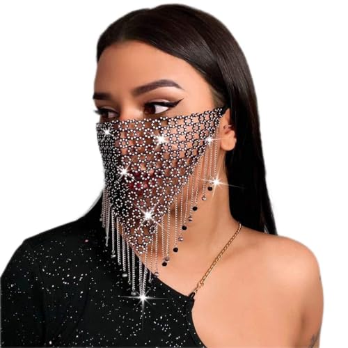 Urieo Sparkly Rhinestones Face Masks Black Chain Crystal Mesh Masks Metal Rhinestones Masquerade Mask Halloween Ball Party Nightclub Rave Festival Venetian Mardi Gras Jewelry for Women and Men