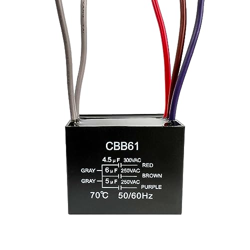 YukiHalu Ceiling Fan Capacitor CBB61 4.5uf + 6uf + 5uf 5 WIRE 250V Compatible with New Harbor Breeze Hunter and others