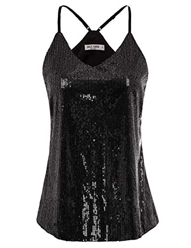 GRACE KARIN Women's Sleeveless Sparkle Shimmer Camisole Vest Sequin Tank Tops Black