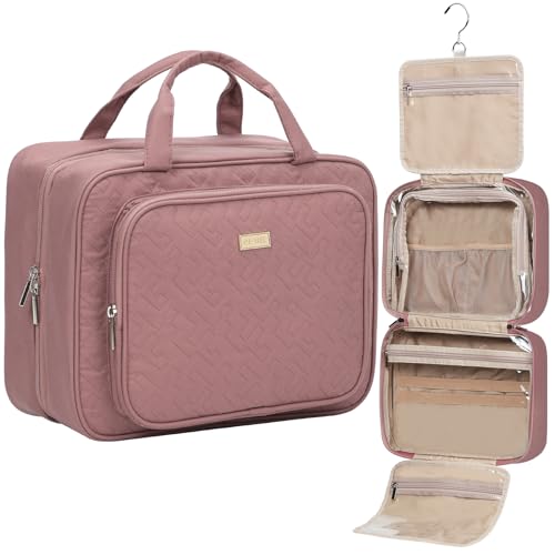 NISHEL Travel Toiletry Bag for Women Large Capacity, Travel Essentials Organizer, Hanging Makeup Case for Accessories, Cosmetics, Toiletries, Rosewood-Pink