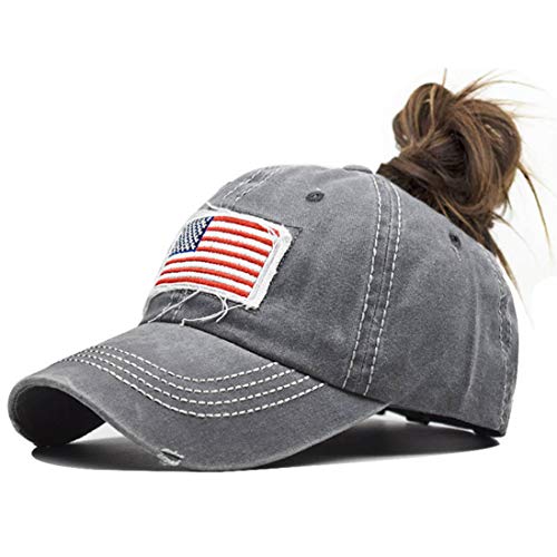 Distressed Ponytail Hat for Women American-Flag Pony Tail Caps High Bun Grey