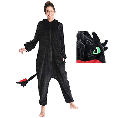 Bulex Toothless Onesie Dragon Onesie Pajamas Jumpsuit with Shoes Animal Dinosaur Flannel Costume Winter Plush PJS for Woman Adult, Black Pajamas(no Shoes)