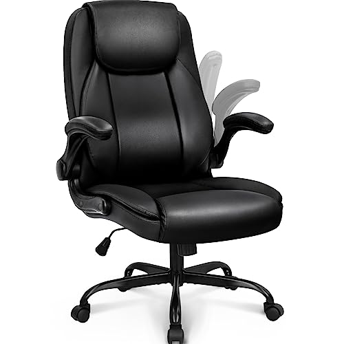 NEO CHAIR Ergonomic Office Chair PU Leather Executive Chair Padded Flip Up Armrest Computer Chair Adjustable Height High Back Lumbar Support Wheels Swivel for Gaming Desk Chair (Black)