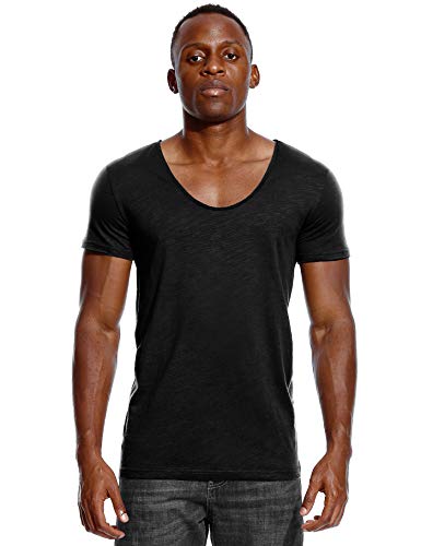Deep V Neck T Shirt for Men Low Cut Scoop Tee Invisible Tshirt Vee Top Black L