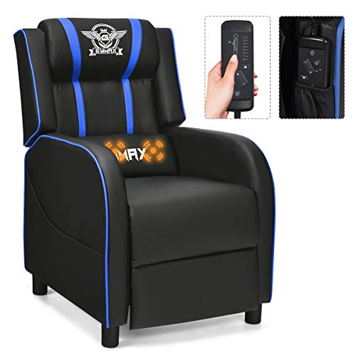 GYMAX Gaming Recliner, Massage Gaming Chair w/Adjustable Footrest, Remote Control & Side Pocket, Ergonomic Game Lounge Chair, Racing Style Single Theater Seat Game Sofa for Adults (Blue)