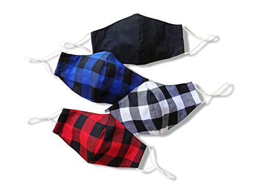 Hope Love Shine Checkered Face Masks w/Adjustable Ear Loops & Filter Pocket - Reusable, Washable Cloth Fabric Face Masks for Women, Men, Adult (Solid Black, Buffalo Plaid Red, Navy, White - 4 Pack)
