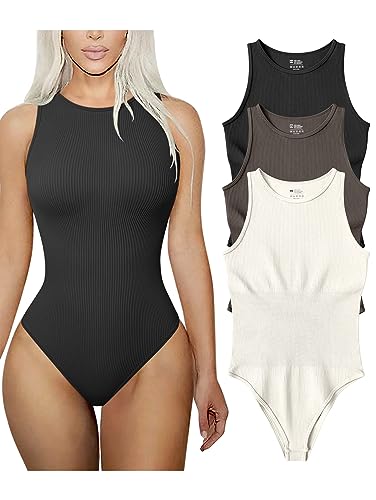 TOB Women's 3 Piece Bodysuits Sexy Ribbed Sleeveless Halter Neck Shapewear Bodysuits Black Tea leaf Beige