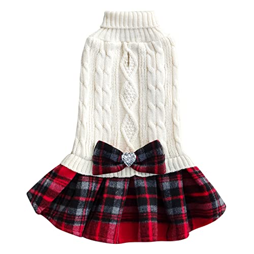 KYEESE Dog Sweater Dress for Small Dogs with Bowtie Buffalo Check Red Turtleneck Dog Pullover Knitwear Puppy Sweater Beige