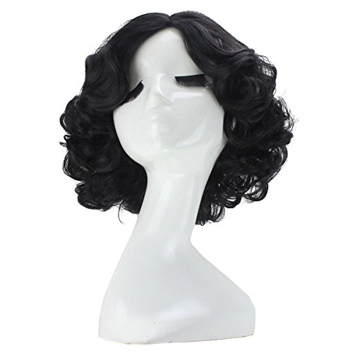 Anogol Hair Cap+Short Black Curly Wigs with Middle Part for Women Synthetic Wig Princess Cosplay Wig for Halloween Party Christmas Costume Wig