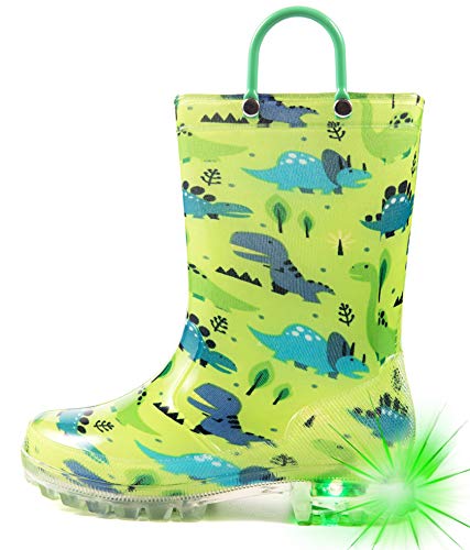 HugRain Toddler Boys Rain Boots Baby Kids Light Up Printed Waterproof Shoes Rubber Garden Puddle Boots Lightweight Adorable Cute Green Dinosaur Easy-On Handles and Insole (Size 9,Green)