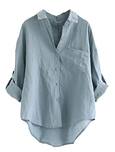 Minibee Women's Linen Blouse High Low Shirt Roll-Up Sleeve Tops Blue 2XL