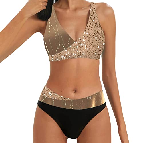 Women's Colour Print High Waisted Tankini Triangle Panties Two Pieces Tankini Set Swimsuit Women Board (Gold #3, L)