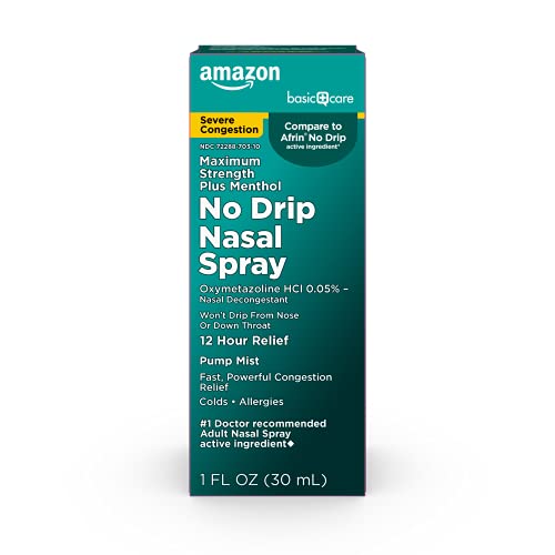Amazon Basic Care No Drip Severe Congestion Nasal Pump Mist Spray, 12 Hour Relief, Oxymetazoline HCl, Maximum Strength Plus Menthol, Steroid Free, 1 Fluid Ounce