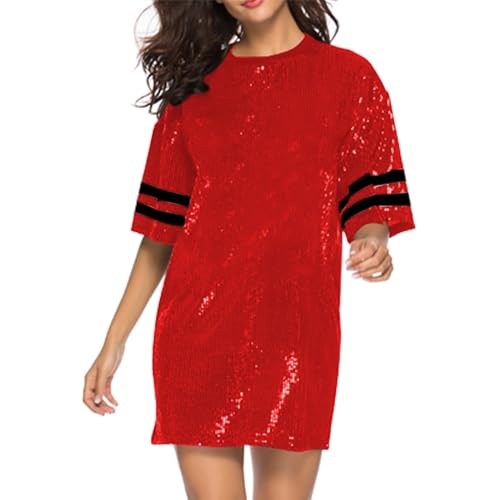 Nagfar Women Sequin Short Dress One Piece Set Birthday Party Short Sleeve Sports Casual Dress Sexy Club Night Out Clubwear(S23168,Red,L)