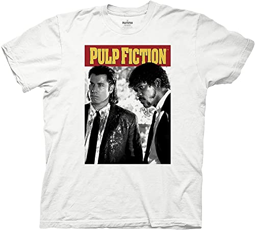 Mens Pulp Fiction Movie Shirt - Pulp Fiction Shirt - John Travolta and Samuel L. Jackson Graphic Shirt (White, Medium)