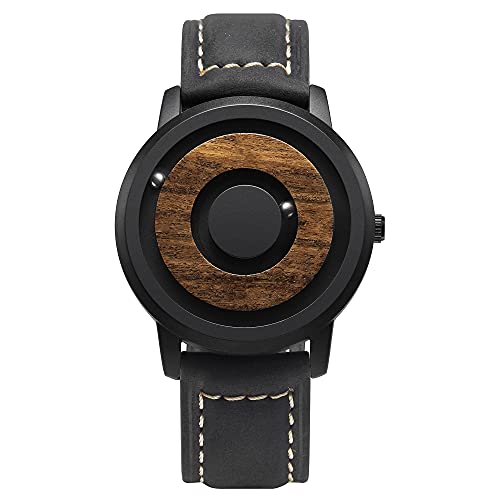 EUTOUR Mens Watches Men Wooden Watches Magnetic Watches Analogue Mens Natural Wood Case Leather Strap Black 40mm