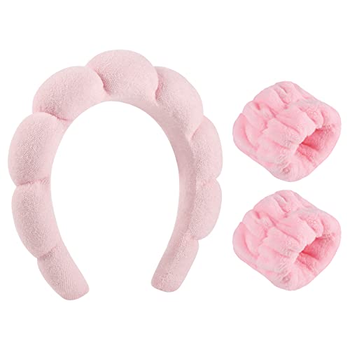 Sponge Spa Headband for Women, Makeup Headband and Wrist Washband Set Pink Skincare Facial Headband for Face Washing, Skincare, Stocking Stuffers for Women Teen Girl Gifts Trendy Stuff