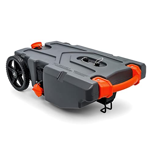 Camco Rhino 28-Gallon Portable Camper/RV Tote Tank | Features Large Heavy-Duty No-Flat Wheels & Built-In Gate Valve | Removable Steel Tow Adapter, 3’ RV Sewer Hose & More RV Accessories (39004)