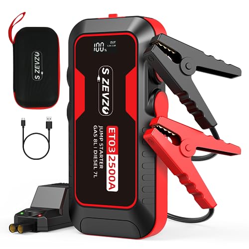 S ZEVZO ET03 Car Jump Starter 2500A Jump Starter Battery Pack for Up to 8.0L Gas and 7.0L Diesel Engines, 74Wh Portable 12V Jump Box with USB Ports, LCD Display, Storage Case, and LED Light