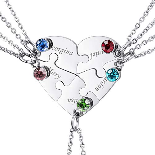 MeMeDIY Personalized Heart Pendant Jigsaw Puzzle Necklace Customized Name for Couple Men Women Engraving for Boyfriend Girlfriend Stainless Steel Lover Set Jewelry Family Love Friendship (5 Pieces)