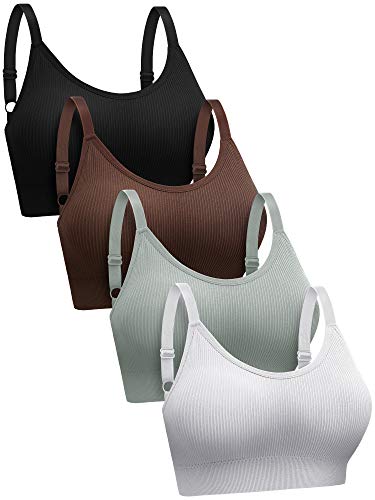 SATINIOR 4 Pack Women's Sports Bra, Padded Ribbed Cami Bra Seamless Bralette Wireless No Underwire Workout Tank Top (Medium)