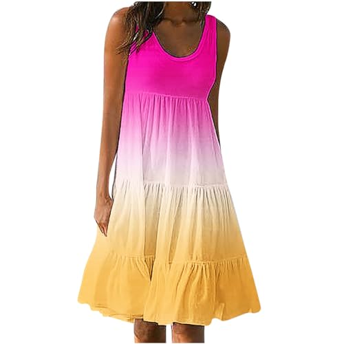 Women Plus Size Loose Mini Dress Sleeveless Crewneck Sundresses Gradient Color Tiered Flowy Dress Beach Tank Dresses Hot Pink