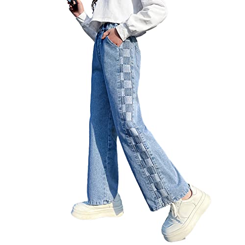 Girls Baggy Jeans Elastic Wide Leg Denim Pants Plaid Patch Loose Trousers Kids Clothes (Checkerboard, 12-14)
