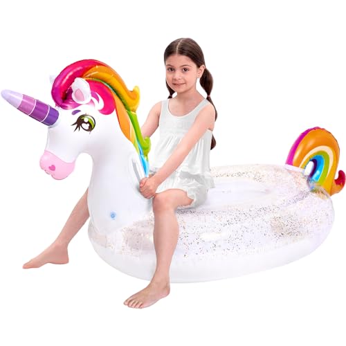 JOYIN Unicorn Pool Float Kids - Inflatable Rainbow Unicorn Floaty with Glitters Fun Pool Floats, Ride On Unicorn Beach Lake Floaties Raft Lounge, Party in Summer Decorations Pool Toys for Kids