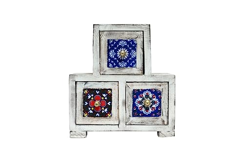 JGARTS Wooden Hand Painted 3 Drawer Step Ladder Tile embedded White Distress Chest Jewelry Box Wooden box Trinket Box Girl's Gift Mother's Day Gift Boho Style Christmas gift