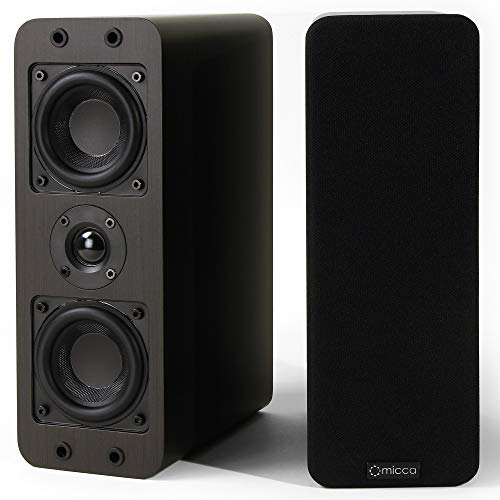 Micca OoO Passive Slim Bookshelf Speakers with 3-Inch Woofers and Silk Tweeter, Thin Design Under 4' Wide, for Desktop Stereo or Home Theater Surround Sound, Wall Mountable, Pair, Dark Walnut