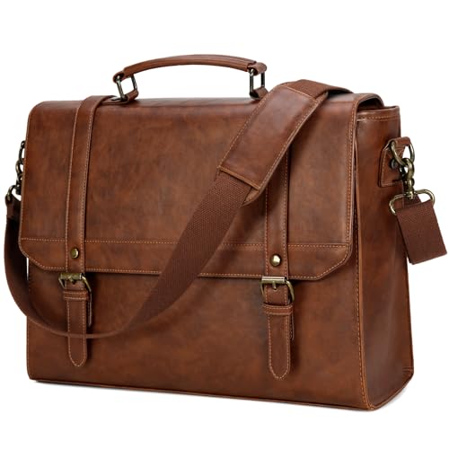 Messenger Bag for Men 15.6 inch Vintage Leather Waterproof Laptop Briefcase Large Computer Laptop Bag Leather Satchel Bag Retro Shoulder Bag for Office Business Travel College, Brown