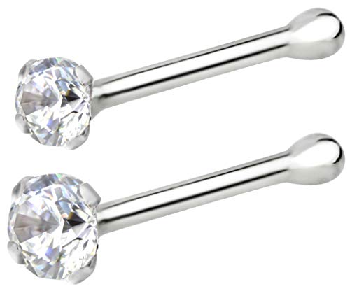 Forbidden Body Jewelry FBJ 14k White Gold Nose Ring, 22g, Solid 7mm Micro Stud, 1.25 & 2mm CZ Simulated Diamond, Non-Irritating Skin Safe Real Gold, Women/Men (2 Pc Set)