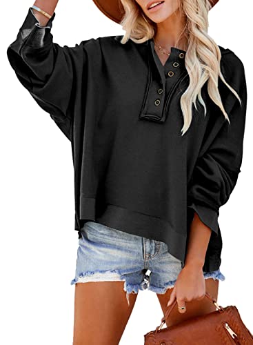 Dokotoo Womens V Neck Hoodies Long Sleeve Sweatshirt 1/4 Button Up Solid Color Cropped Pullover Hooded Top Black Medium