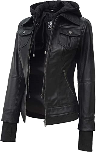 Decrum Black Leather Jacket Womens Moto Racer - Bomber Leather Jacket Women With Hood | [1309194] Betty Black, L