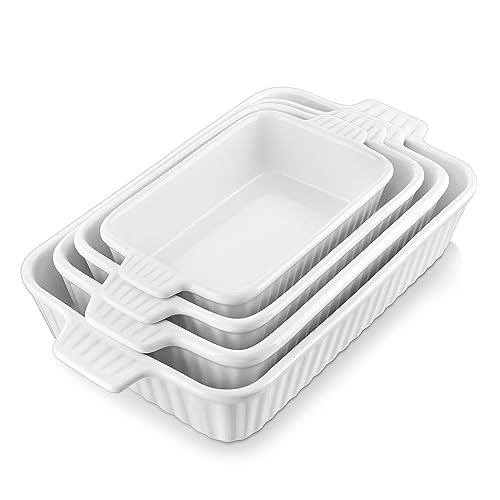 MALACASA Casserole Dishes for Oven, Porcelain Baking Dishes, Ceramic Bakeware Sets of 4, Rectangular Lasagna Pans Deep with Handles for Baking Cake Kitchen, White (9.4'/11.1'/12.2'/14.7'), Series